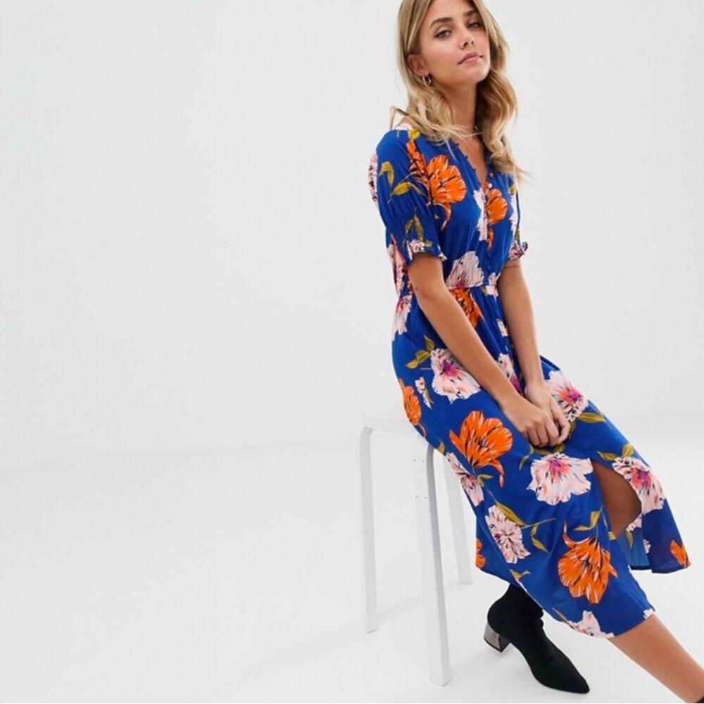 ASOS Womens Floral Midi Dress Size 6 Blue V Neck Long Sleeve Button Front - Picture 12 of 12